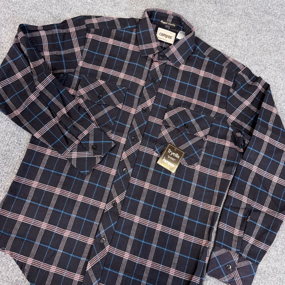 Vintage Tryella Campus Flannel Shirt Men M (15-15.5) Plaid Sport Pockets NEW